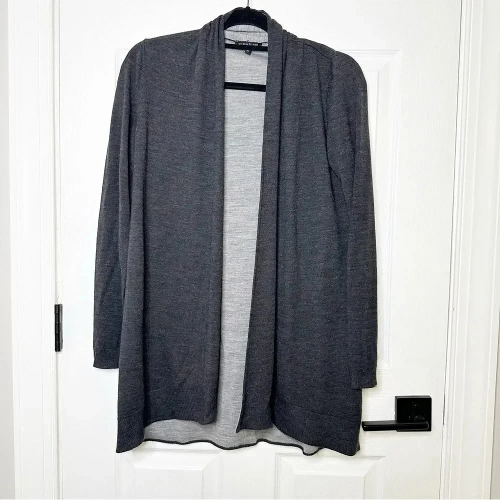 EILEEN FISHER Gray Open Front‎ Cardigan Long Length 100% Merino Wool Size XS